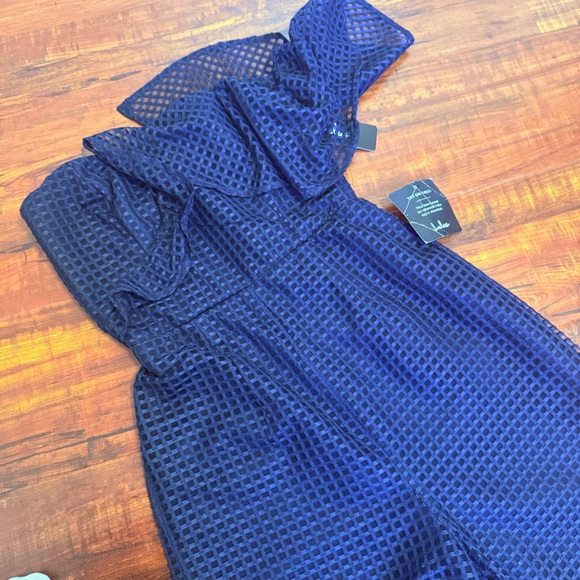Lulu Off the Charts Navy Blue Grid Print Mesh One-Shoulder Jumpsuit - Picture 6 of 9